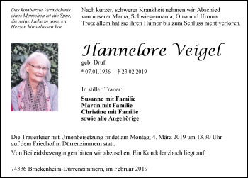 Traueranzeige von Hannelore Veigel 