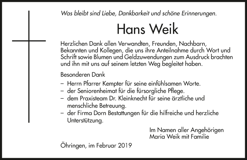  Traueranzeige für Hans Weik vom 15.02.2019 aus 