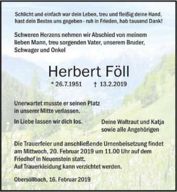 Traueranzeige von Herbert Föll 