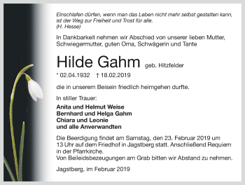 Traueranzeige von Hilde Gahm 
