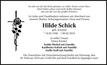 Traueranzeige von Hilde Schick 