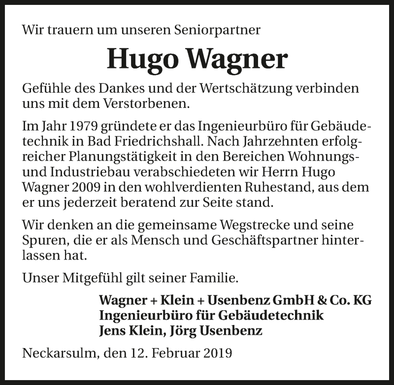  Traueranzeige für Hugo Wagner vom 16.02.2019 aus 