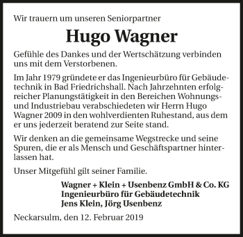 Traueranzeige von Hugo Wagner 