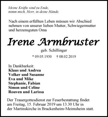 Traueranzeige von Irene Armbruster 