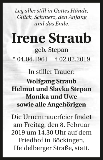 Traueranzeige von Irene Straub 