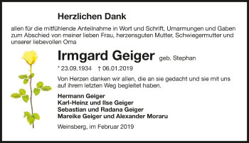 Traueranzeige von Irmgard Geiger 