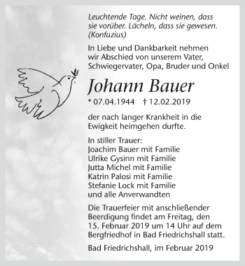 Traueranzeige von Johann Bauer 