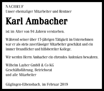 Traueranzeige von Karl Ambacher 
