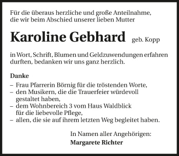 Traueranzeige von Karoline Gebhard 