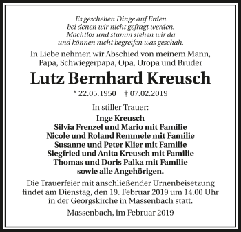 Traueranzeige von Lutz Bernhard Kreusch 