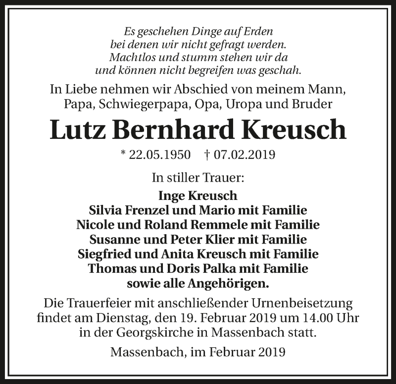  Traueranzeige für Lutz Bernhard Kreusch vom 16.02.2019 aus 