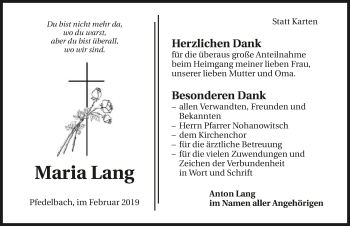 Traueranzeige von Maria Lang 