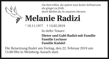 Traueranzeige von Melanie Radizi 