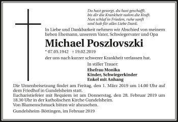 Traueranzeige von Michael Poszlovszki 