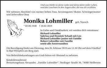 Traueranzeige von Monika Lohmiller 