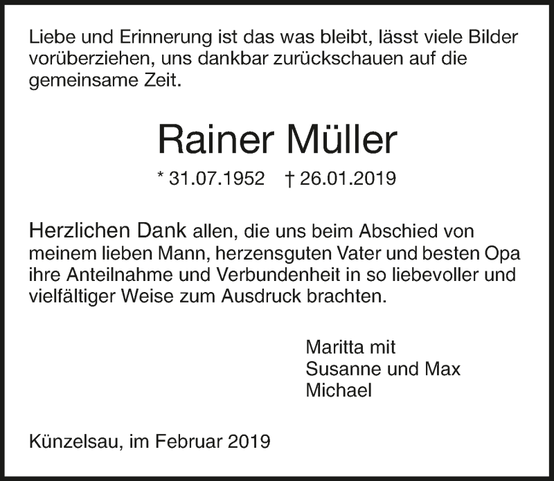 Traueranzeigen Von Rainer Muller Www Trauerundgedenken De