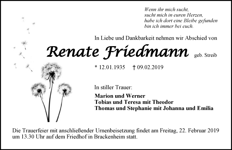  Traueranzeige für Renate Friedmann vom 16.02.2019 aus 