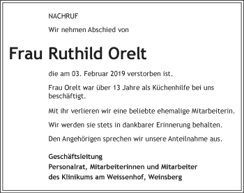 Traueranzeige von Ruthild Orelt 