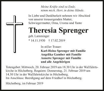 Traueranzeige von Theresia Sprenger 
