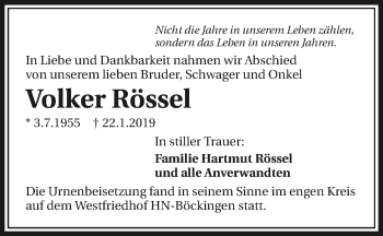 Traueranzeige von Volker Rössel 