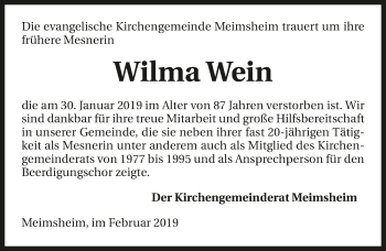 Traueranzeige von Wilma Wein 