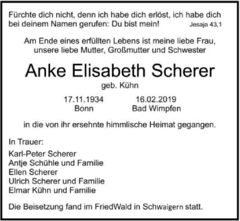 Traueranzeige von Anke Elisabeth Scherer 