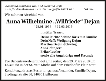 Traueranzeige von Anna Wilhelmine Dejan 