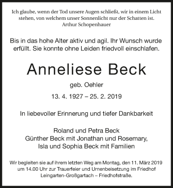 Traueranzeige von Anneliese Beck 