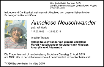 Traueranzeige von Anneliese Neuschwander 