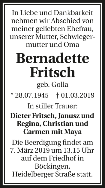 Traueranzeige von Bernadette Fritsch 