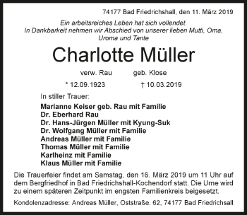 Traueranzeige von Charlotte Müller 