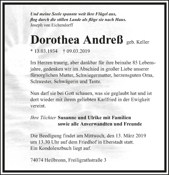 Traueranzeige von Dorothea Andreß 