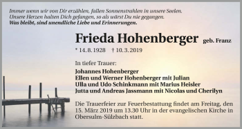 Traueranzeige von Frieda Hohenberger 
