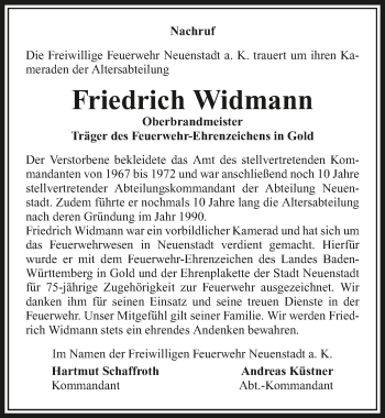 Traueranzeige von Friedrich Widmann 