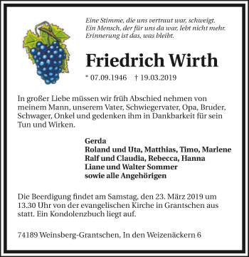 Traueranzeige von Friedrich Wirth 