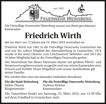 Traueranzeige von Friedrich Wirth 