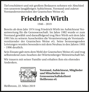 Traueranzeige von Friedrich Wirth 