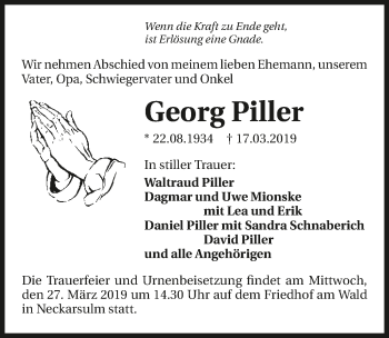 Traueranzeige von Georg Piller 