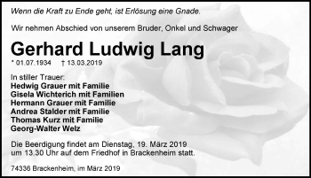 Traueranzeige von Gerhard Ludwig Lang 