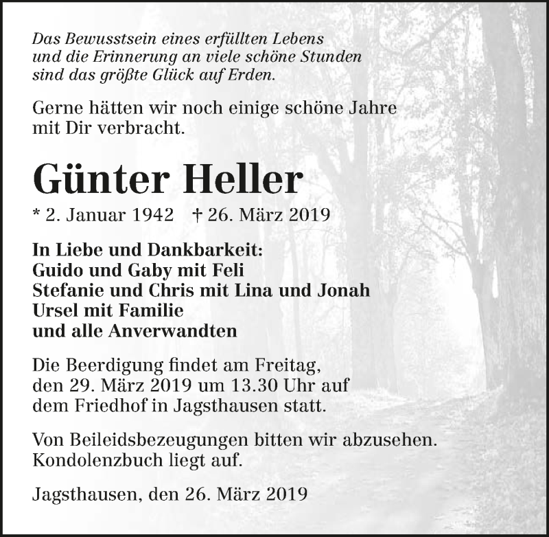  Traueranzeige für Günter Heller vom 27.03.2019 aus 