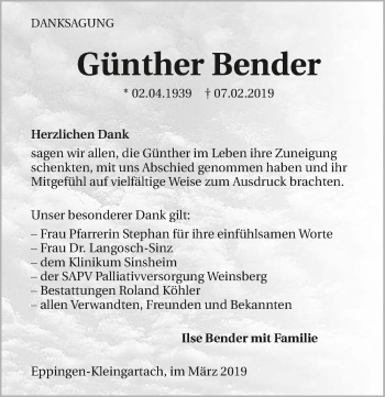 Traueranzeige von Günther Bender 