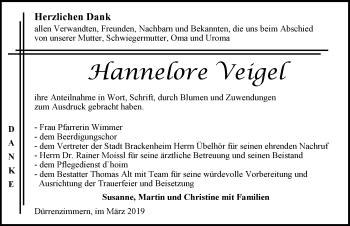 Traueranzeige von Hannelore Veigel 