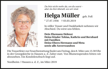 Traueranzeige von Helga Müller 