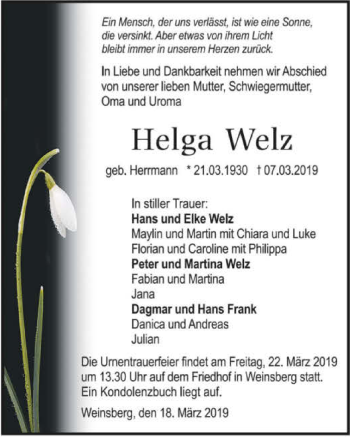 Traueranzeige von Helga Welz 