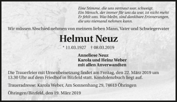 Traueranzeige von Helmut Neuz 