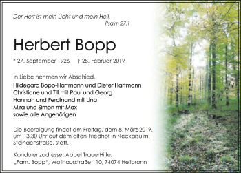 Traueranzeige von Herbert Bopp 