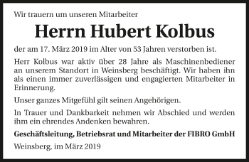 Traueranzeige von Hubert Kolbus 