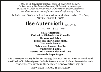 Traueranzeige von Ilse Autenrieth 