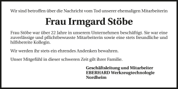 Traueranzeige von Irmgard Stöbe 