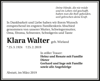 Traueranzeige von Klara Walter 